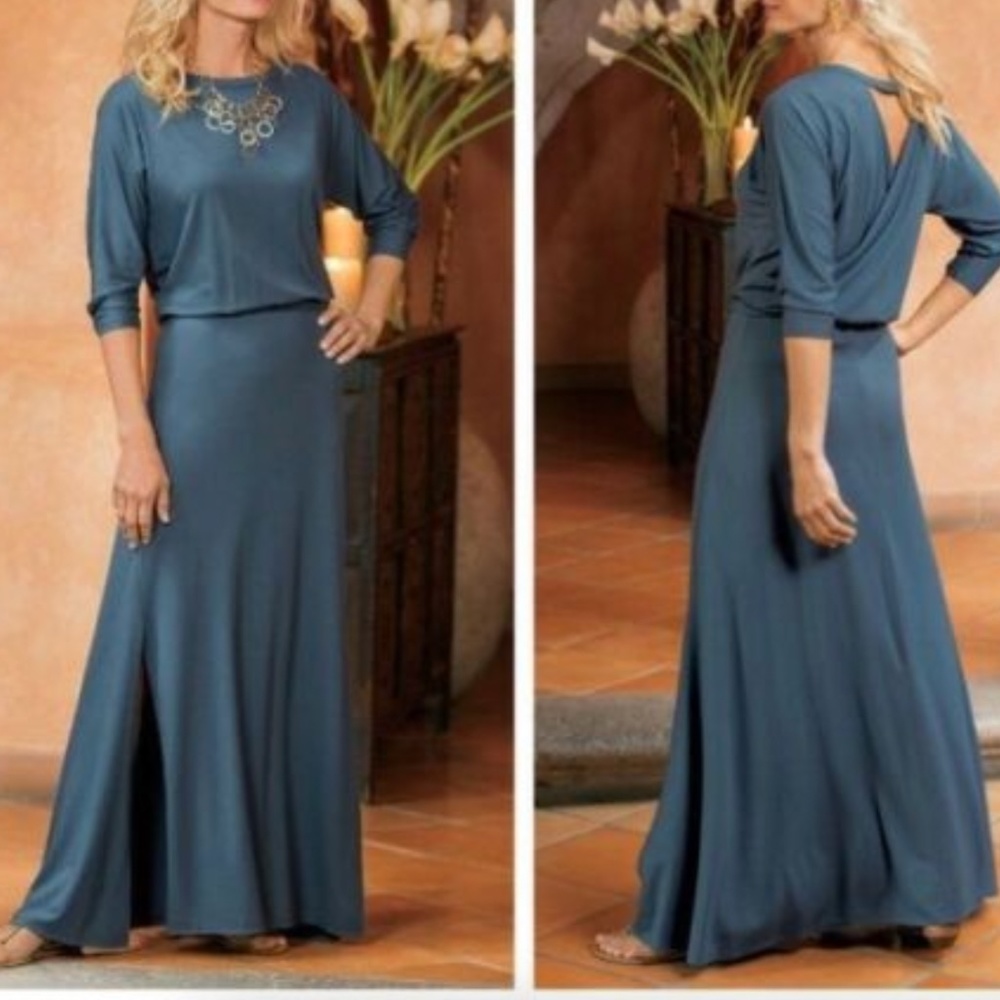 Soft Surroundings Sloane Open Back Cutout Maxi Dress Navy Blue Petite Small EUC